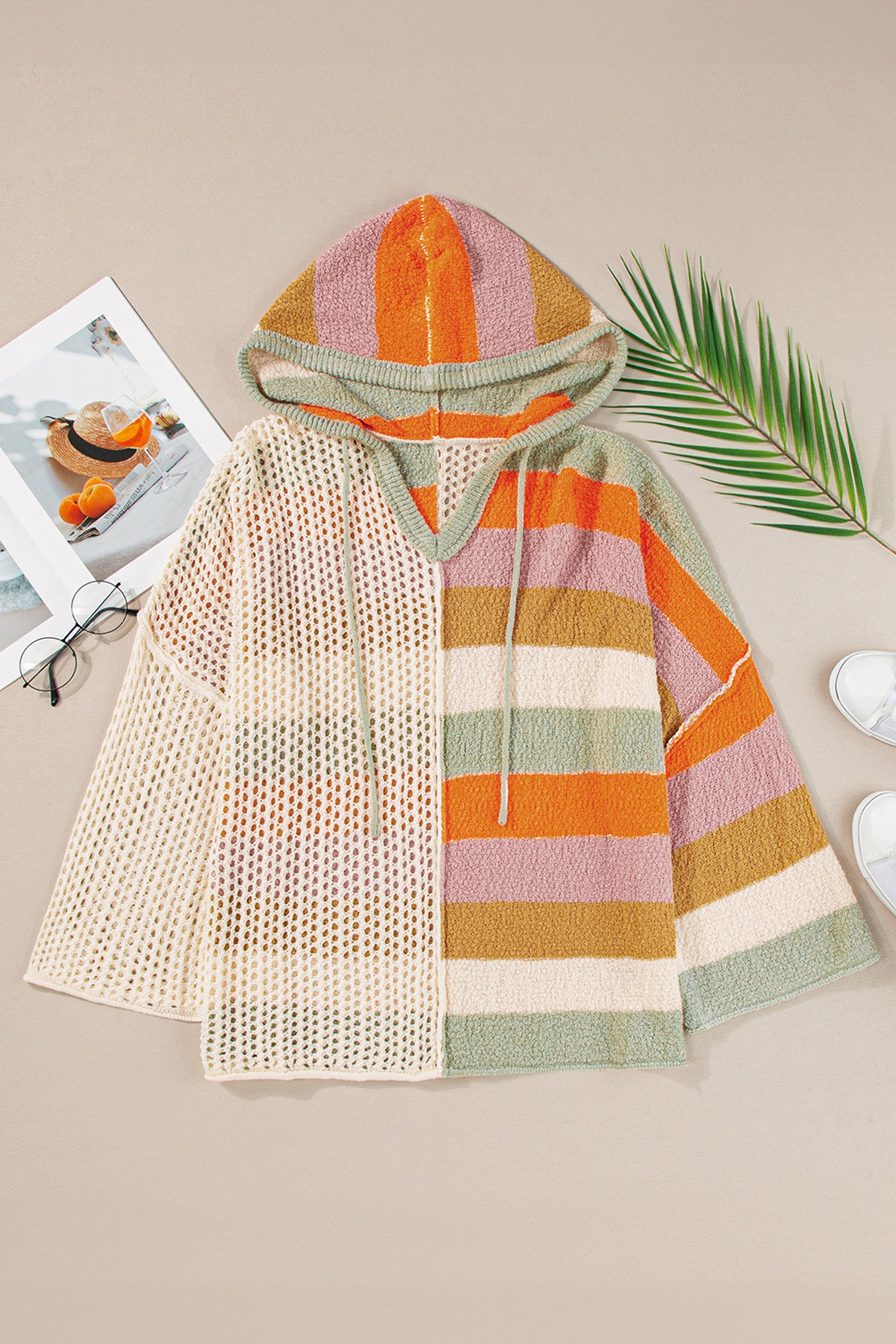 Beige Oversized Colorblock V Neck Hooded Sweater - Glimmer Road 