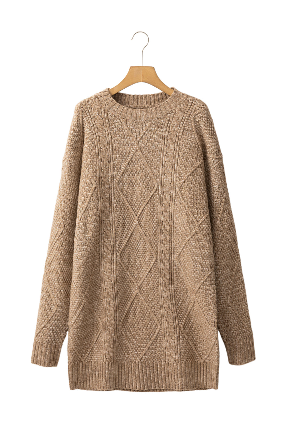 Coffee Cable Knit Drop Shoulder Loose Fit Sweater Dress