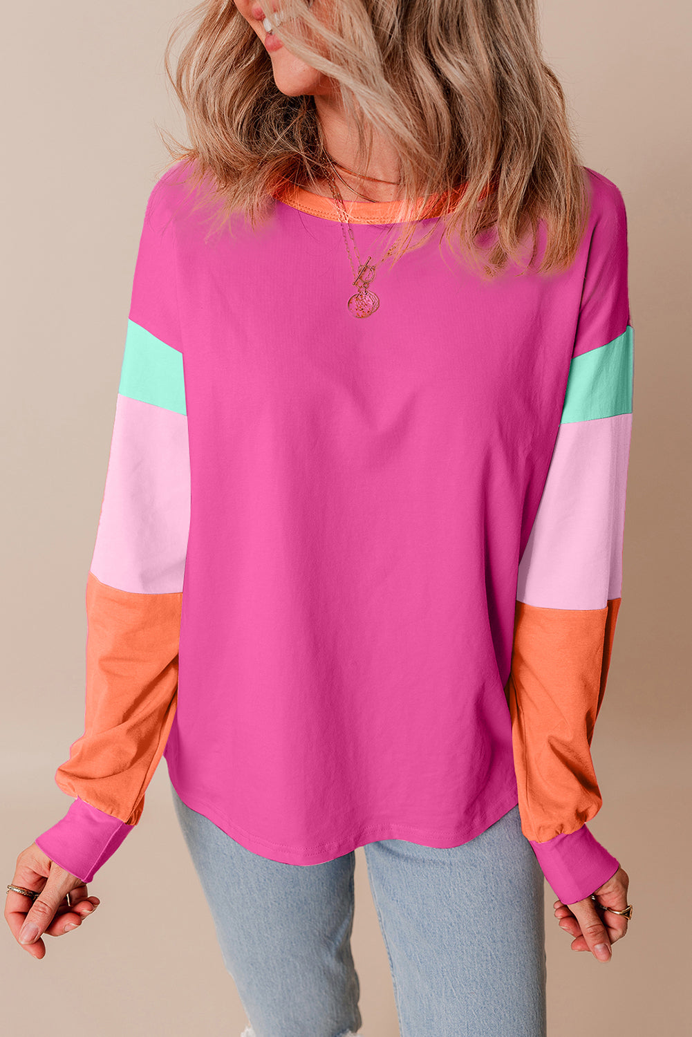 Rose Red Colorblock Patchwork Long Sleeve Loose Top - Glimmer Road 