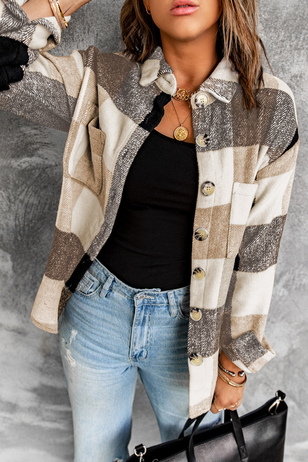 Khaki Plaid Color Block Buttoned Long Sleeve Jacket with Pocket - Glimmer Road 