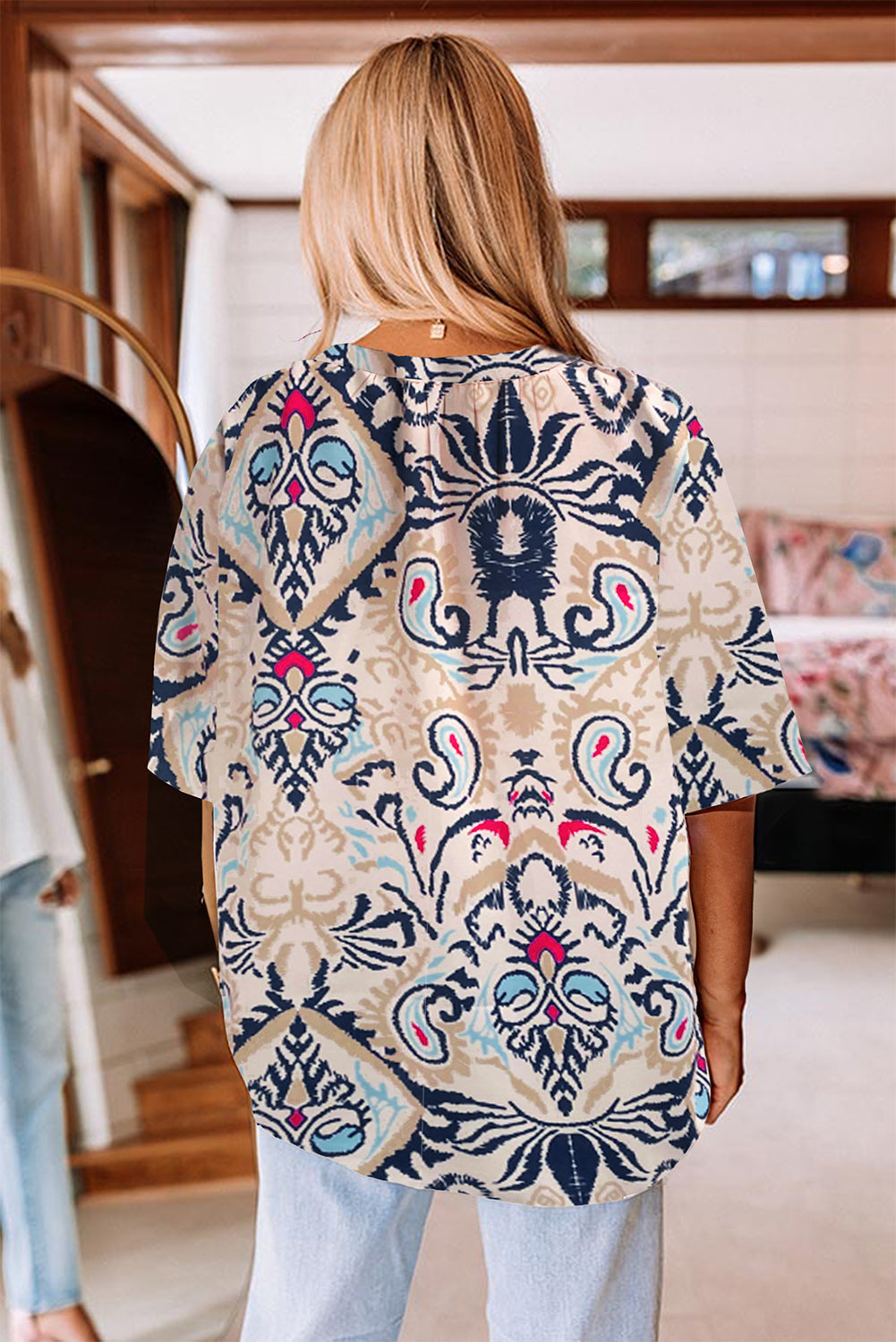 White Abstract Printed Notched V Neck Split Half Sleeve Blouse - Glimmer Road 