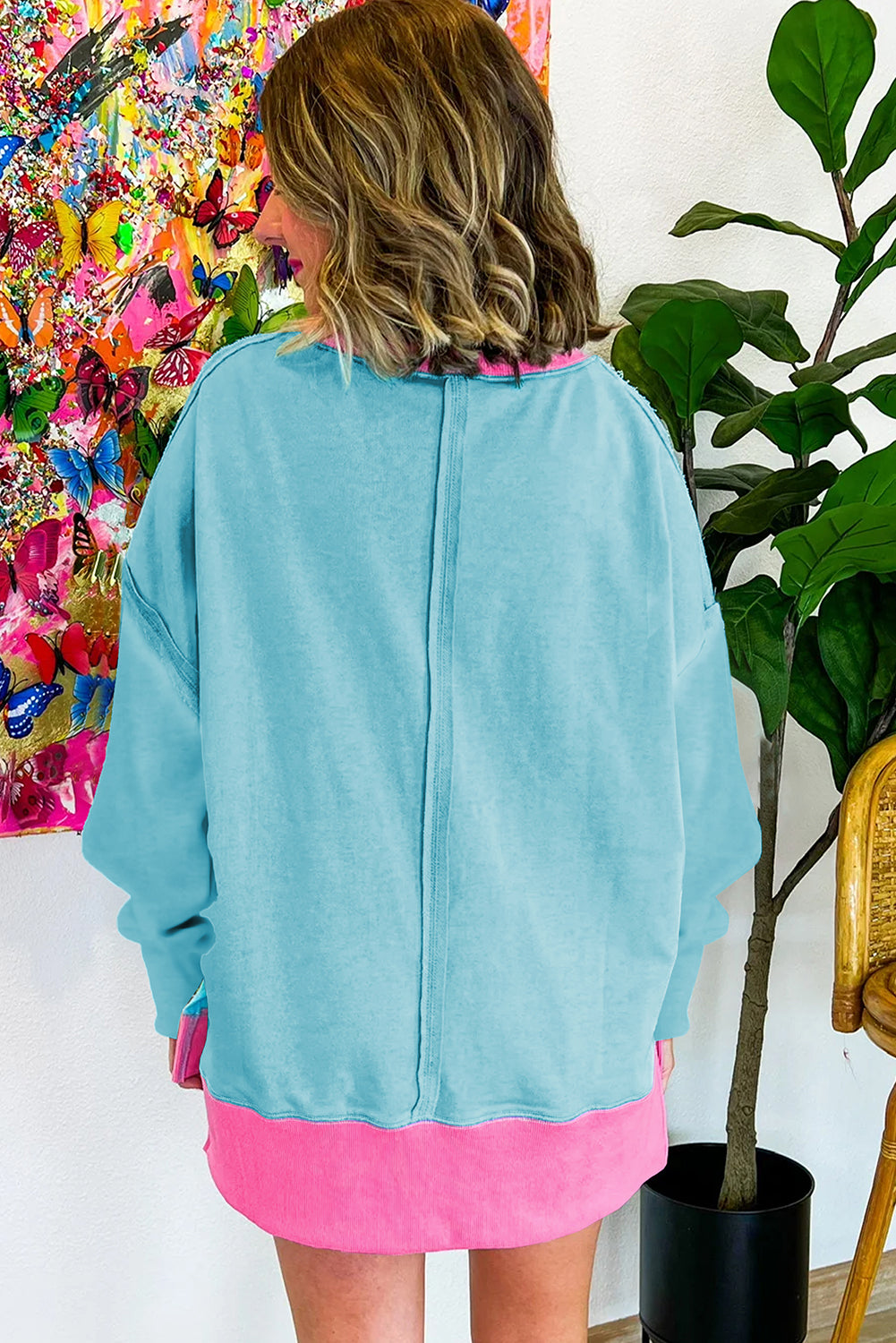 Light Blue Colorblock Patchwork Crew Neck Loose Sweatshirt - Glimmer Road 