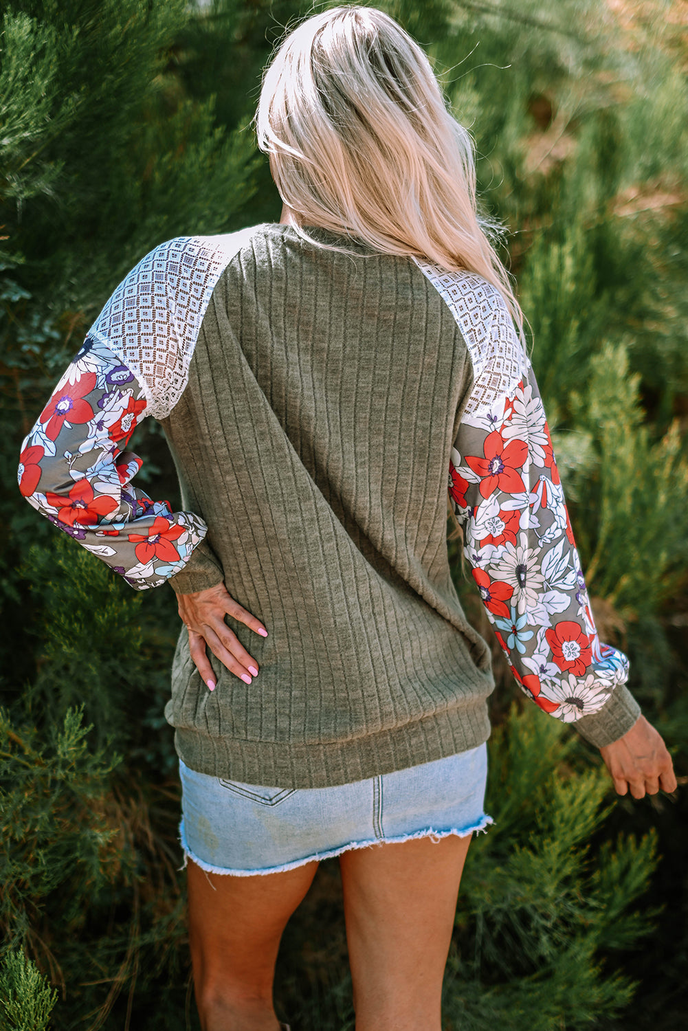 Laurel Green Floral Patchwork Long Sleeve Ribbed Blouse - Glimmer Road 