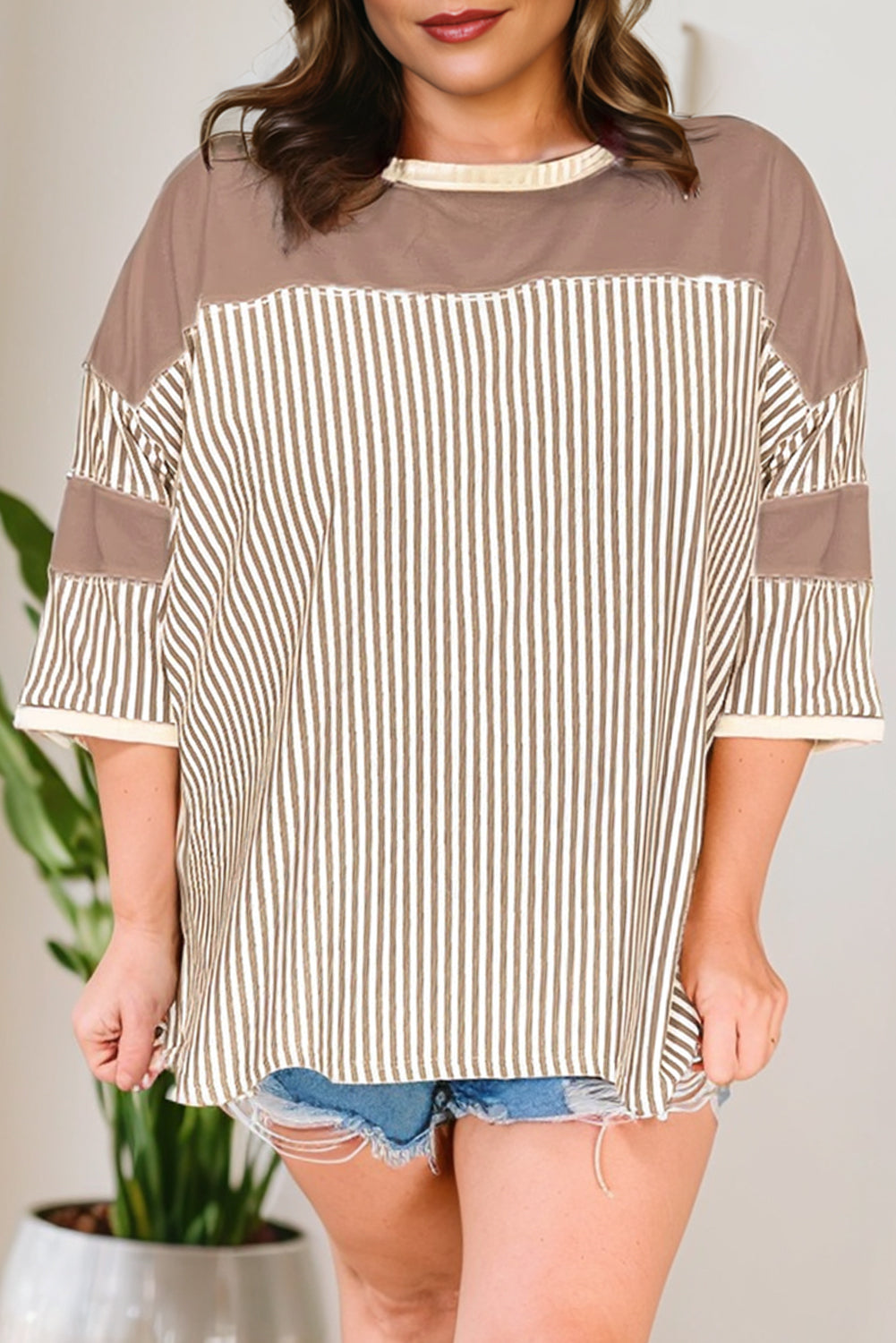 Khaki Stripe Patchwork Bracelet Sleeve Plus Size T Shirt - Glimmer Road 