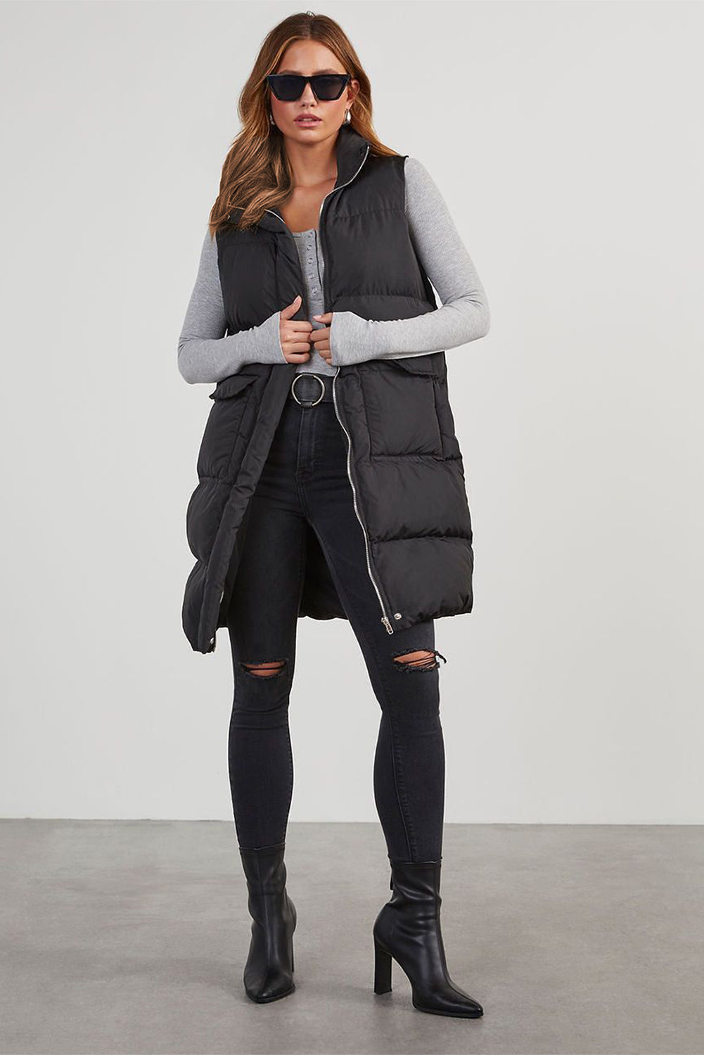 Coffee Windproof Longline Full Zipper Puffer Vest with Pockets