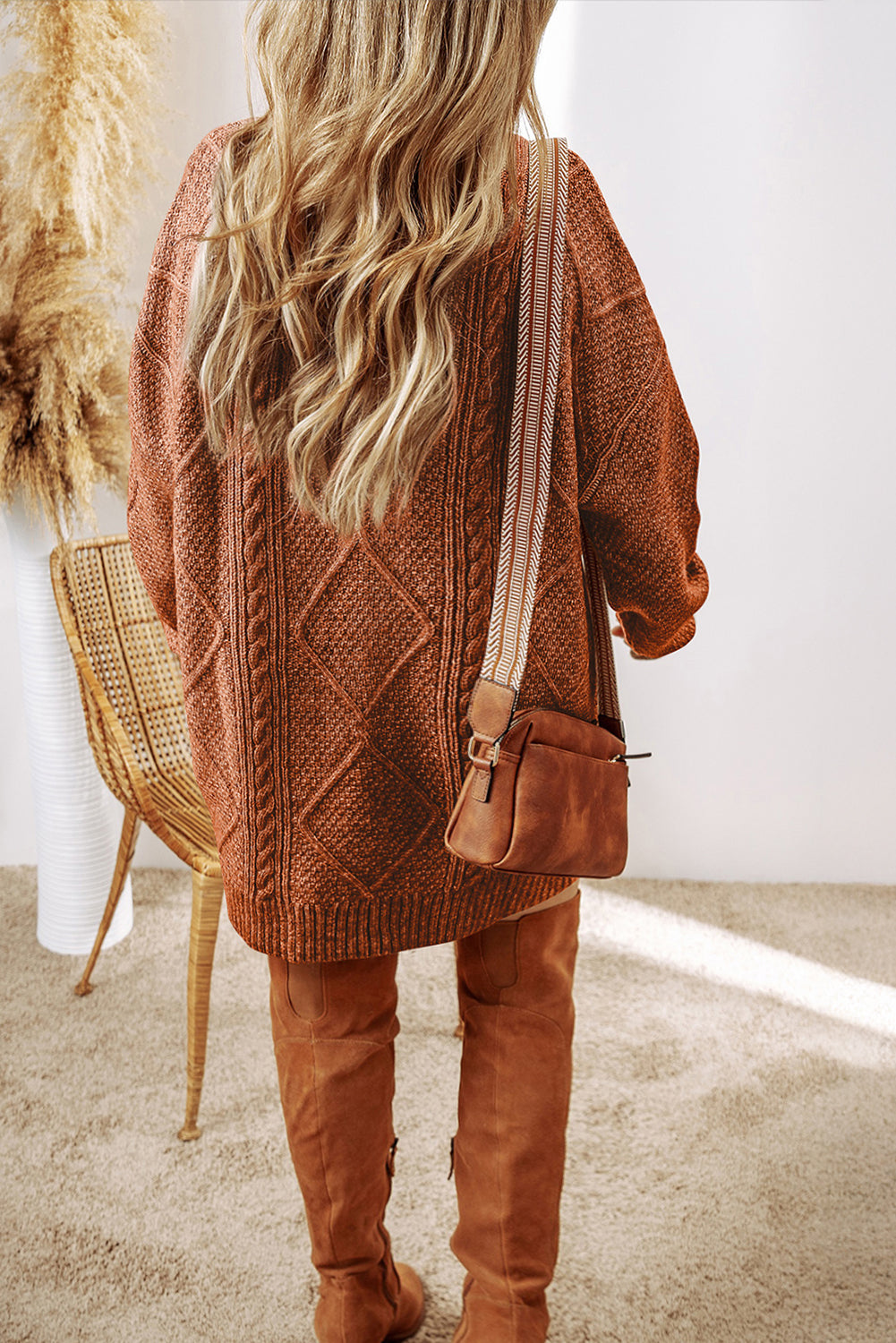Coffee Cable Knit Drop Shoulder Loose Fit Sweater Dress - Glimmer Road 
