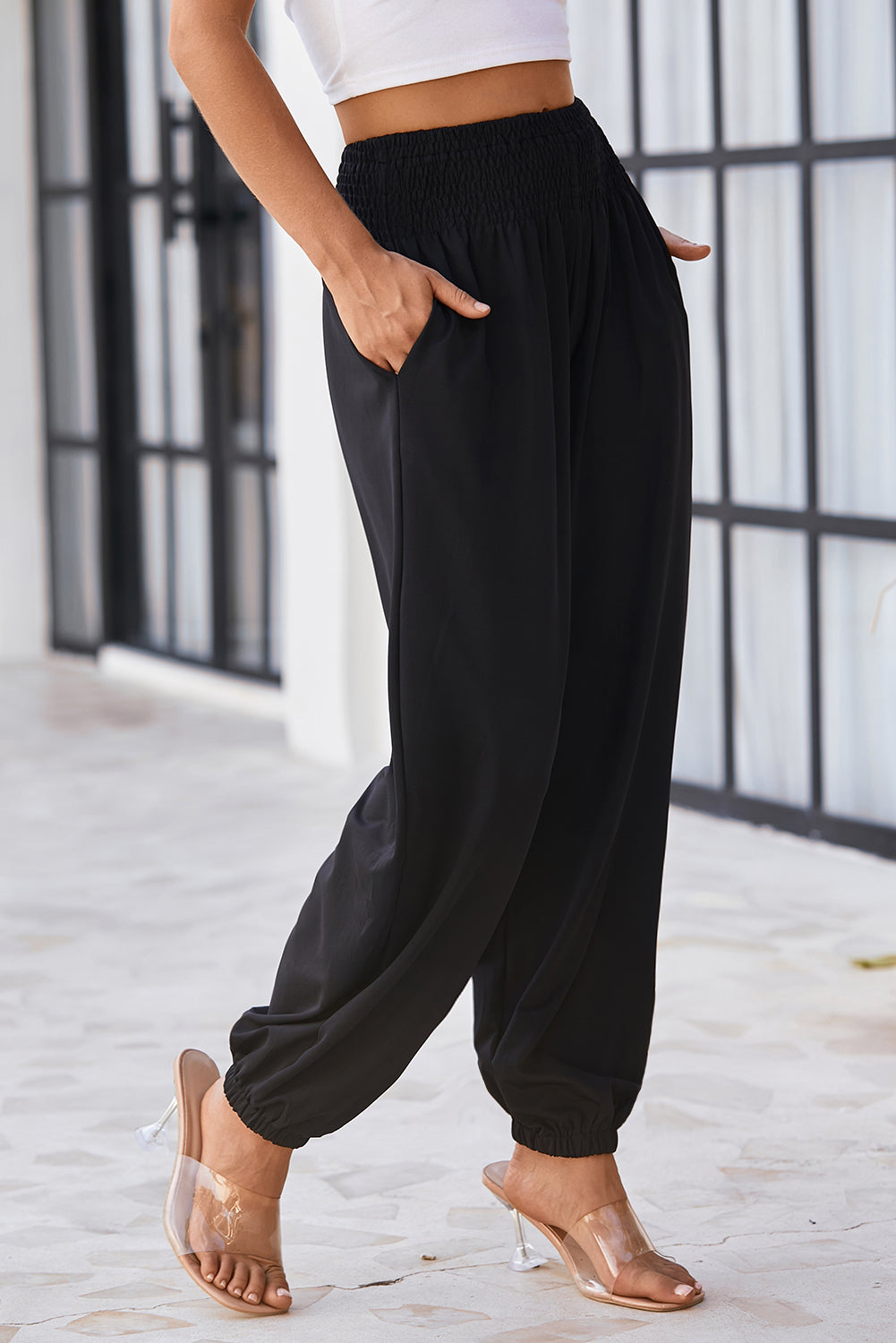 Black Smocked High Waist Joggers - Glimmer Road 