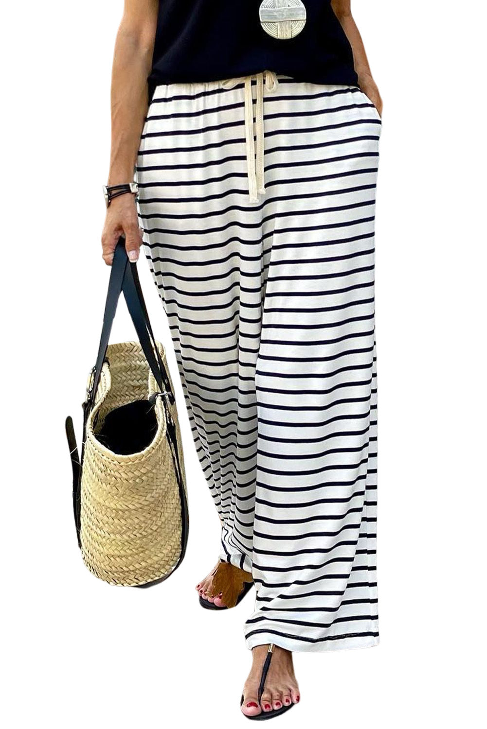 White Drawstring Striped Wide Leg Pants - Glimmer Road 