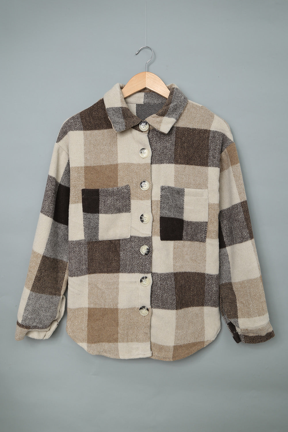 Khaki Plaid Color Block Buttoned Long Sleeve Jacket with Pocket - Glimmer Road 