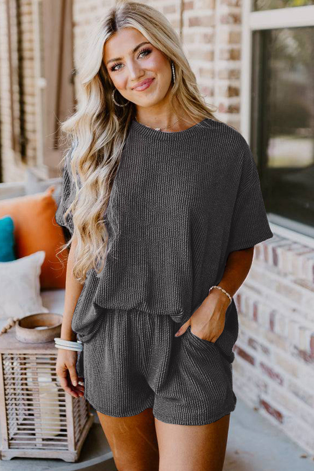Carbon Grey Ribbed Textured Knit Loose Fit Tee and Shorts Set - Glimmer Road 