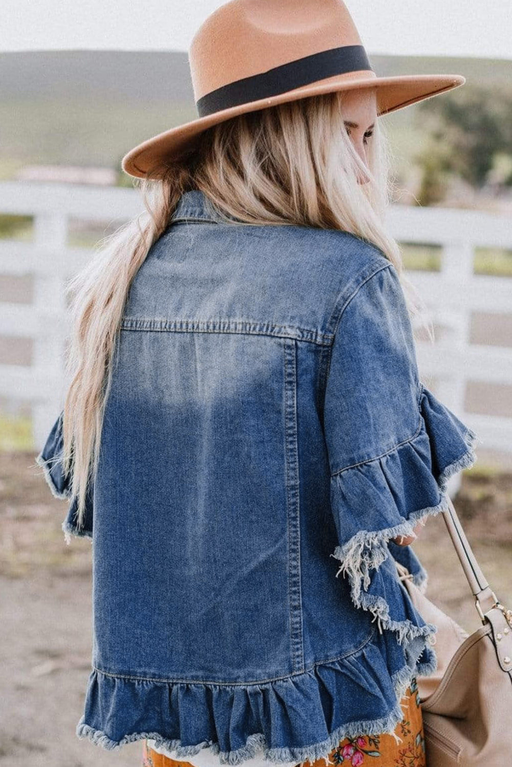 Peacock Blue Raw Edge Ruffled Short Sleeve Denim Jacket - Glimmer Road 