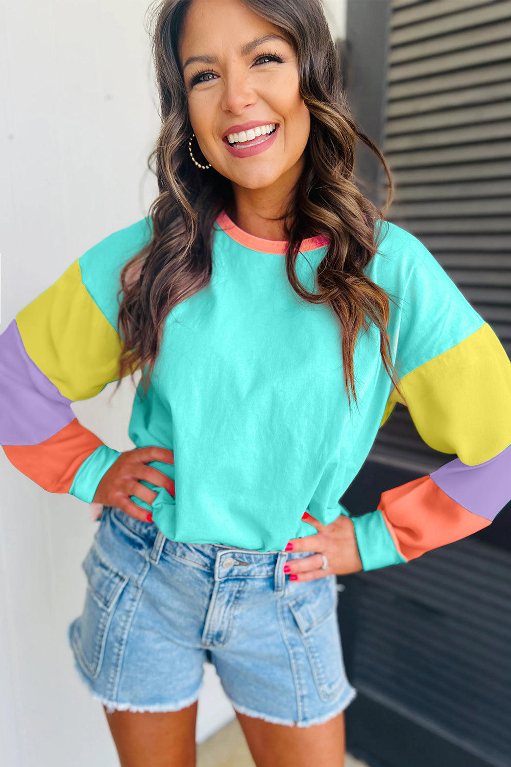 Light Blue Colorblock Patchwork Long Sleeve Loose Top - Glimmer Road 