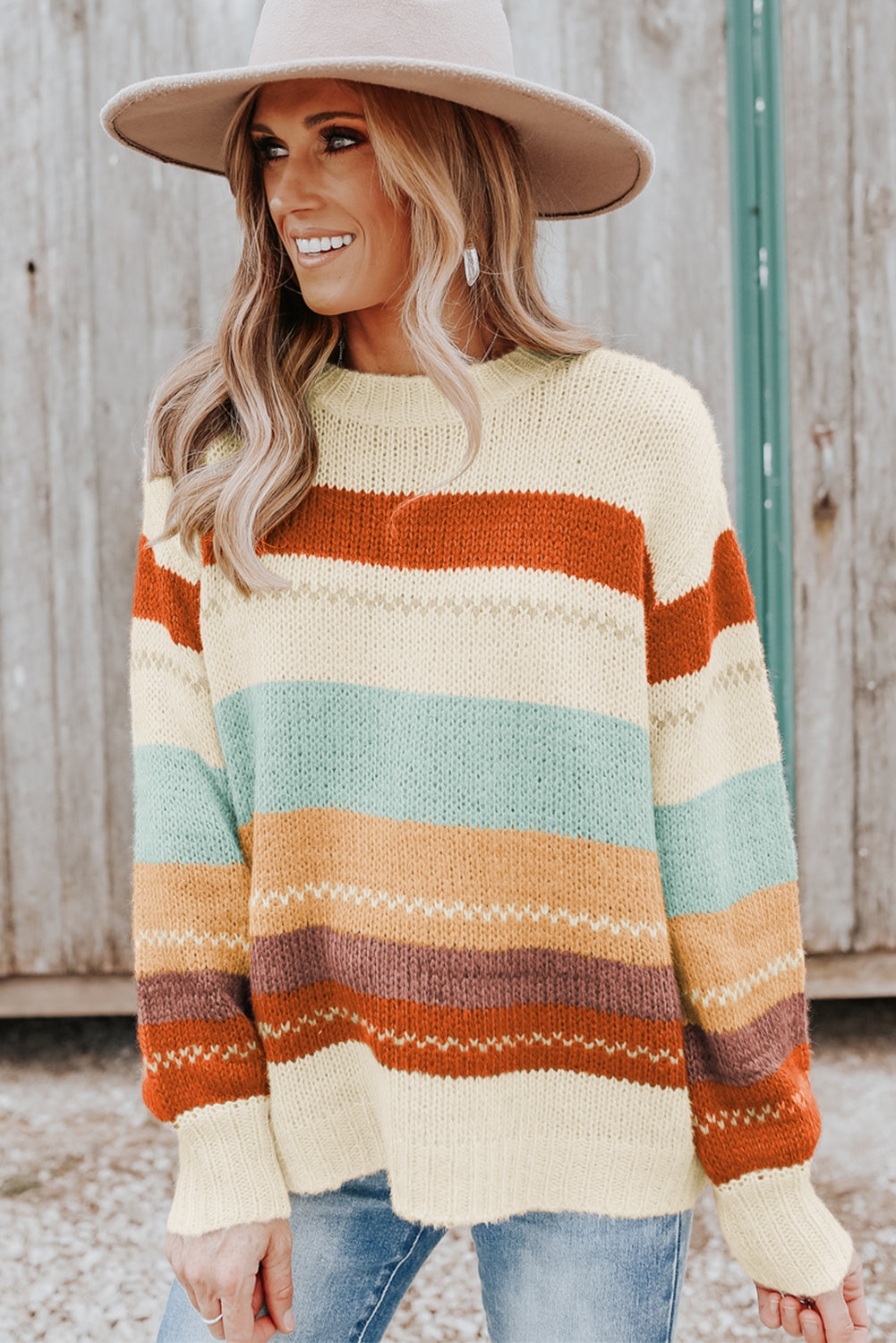 Crew Neck Drop-shoulder Striped Color Block Sweater - Glimmer Road 