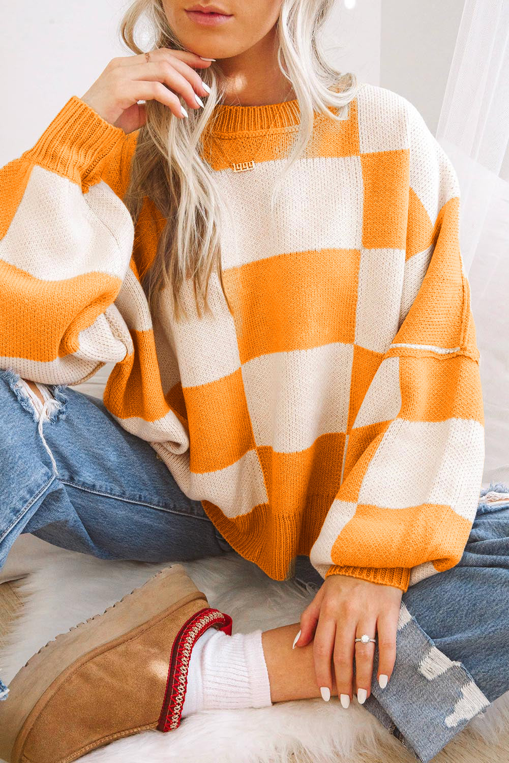 Orange Checkered Bishop Sleeve Sweater - Glimmer Road 