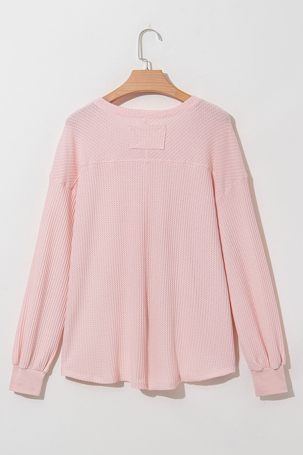 Bright Pink Waffle V Neck Long Sleeve Drop Shoulder Loose Blouse