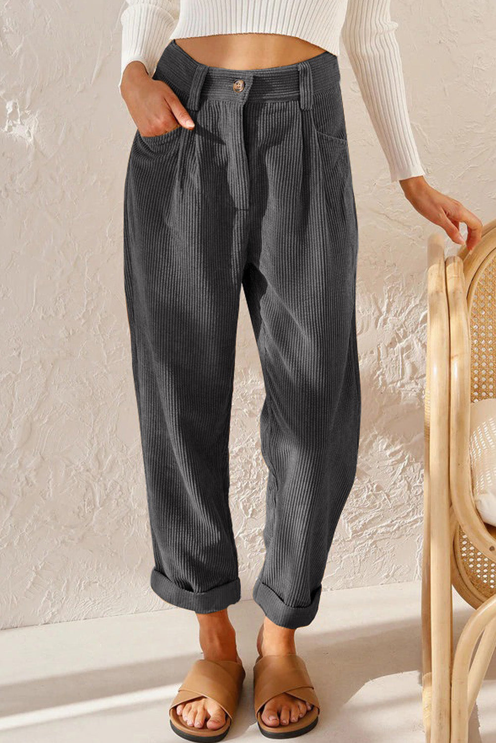 Gray Corduroy High Waist Straight Leg Pants - Glimmer Road 