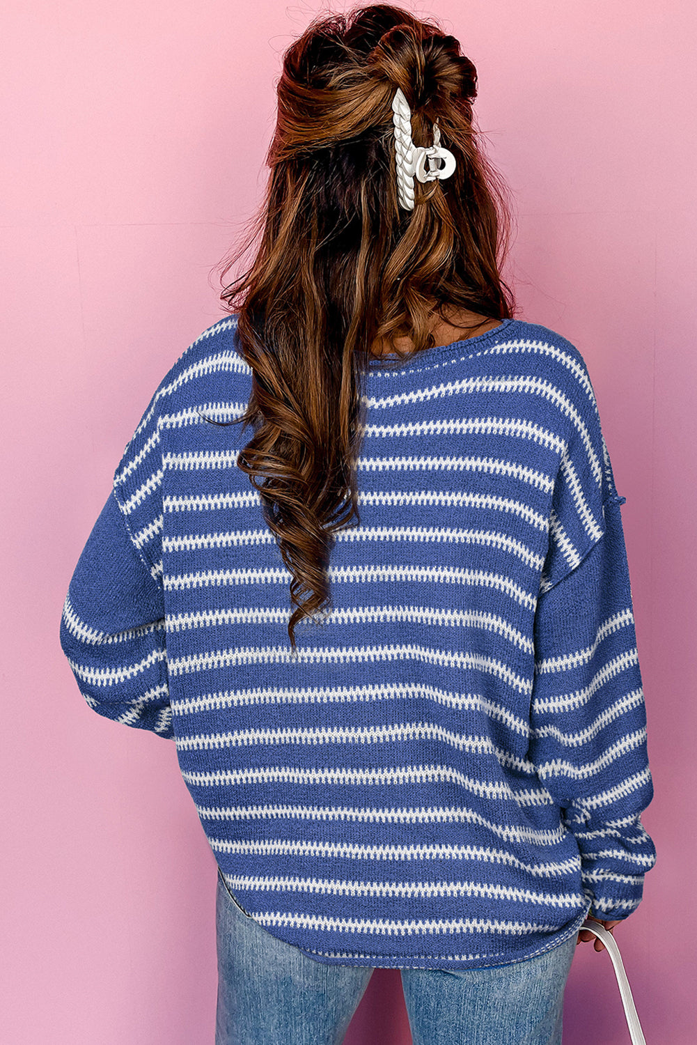 Sky Blue Stripe Drop Shoulder Casual Sweater - Glimmer Road 