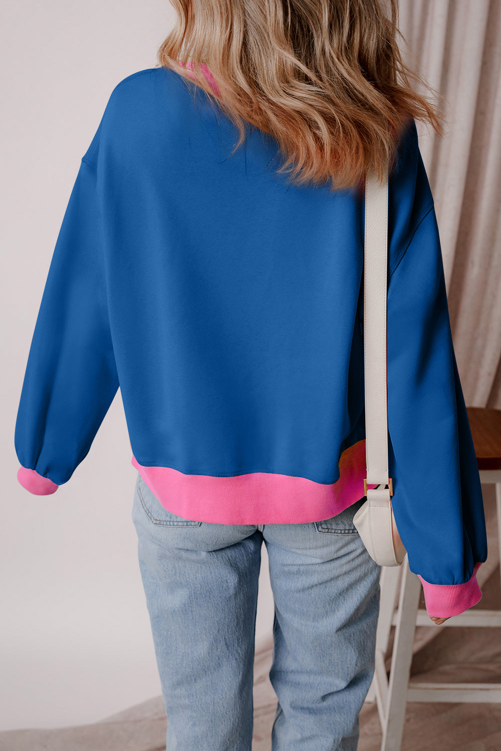 Blue Colorblock Bubble Sleeve Sweatshirt