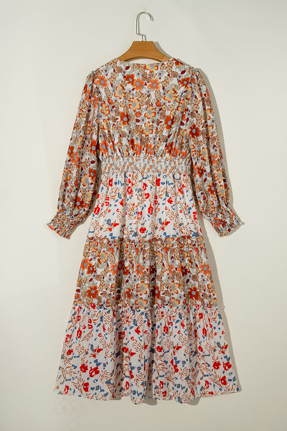 Khaki Floral Print Ruffled Tiered Long Sleeve V Neck Midi Dress - Glimmer Road 