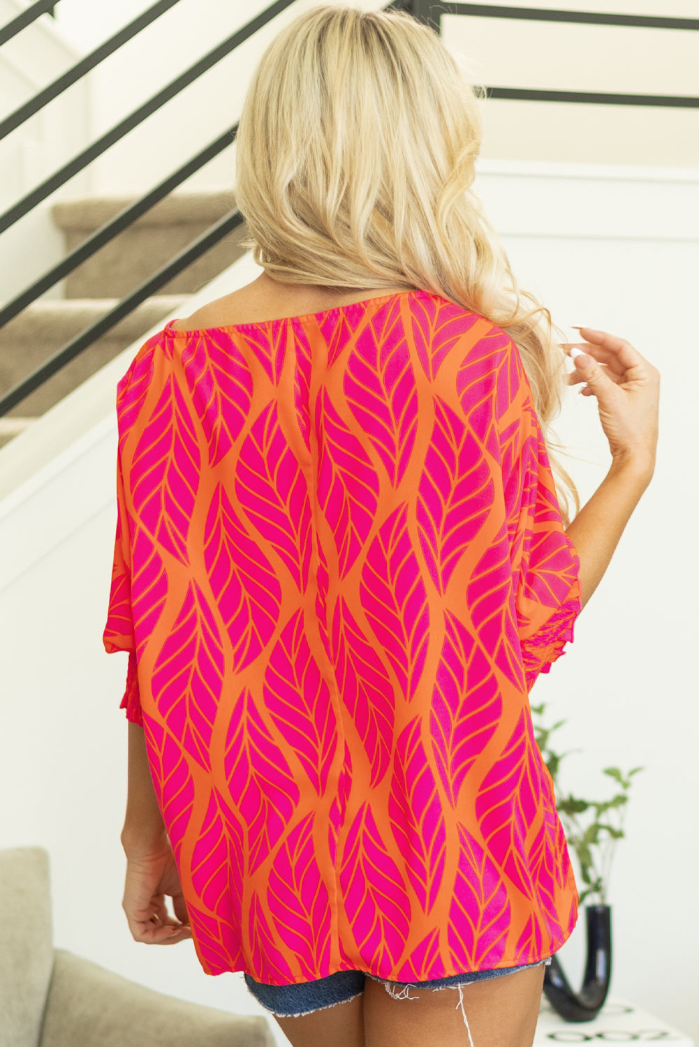Rose Tropical Leaf Print Smocked Puff Sleeve Blouse - Glimmer Road 