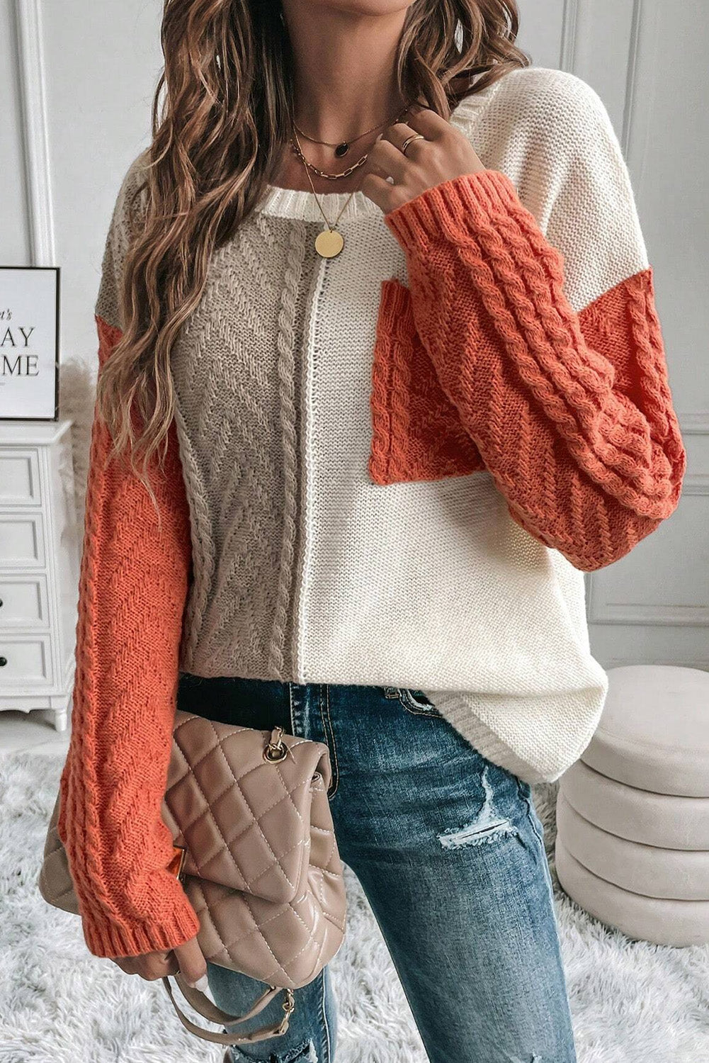 Gold Flame Colorblock Patched Pocket Drop Shoulder Sweater - Glimmer Road 