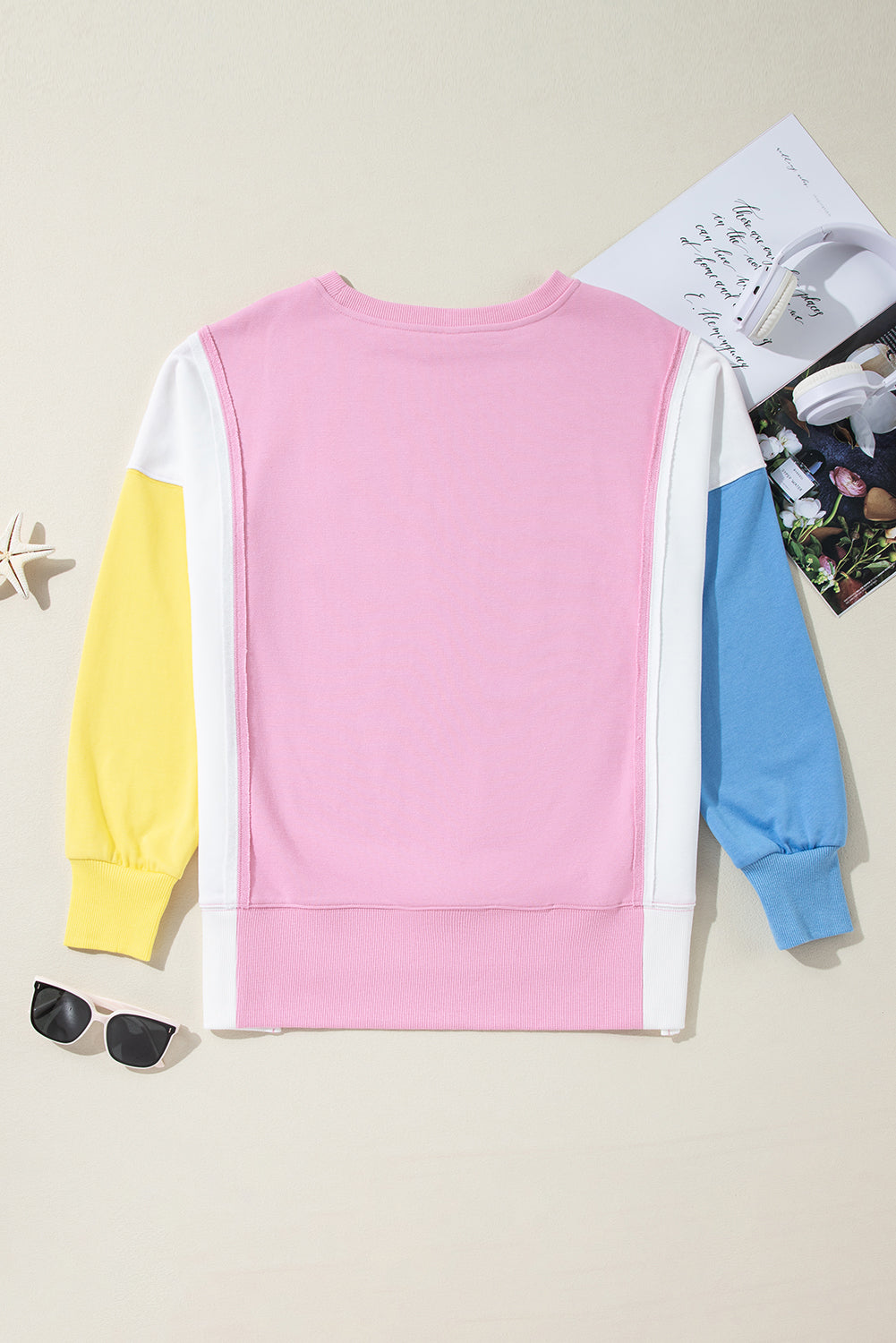 Bonbon Color Block Exposed Seam Side Slits Crewneck Sweatshirt - Glimmer Road 