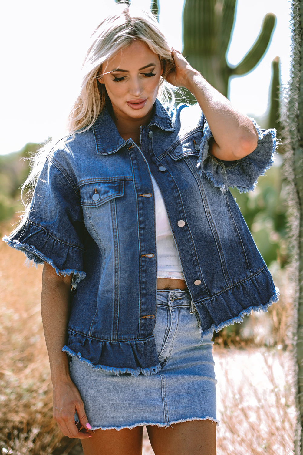 Peacock Blue Raw Edge Ruffled Short Sleeve Denim Jacket - Glimmer Road 