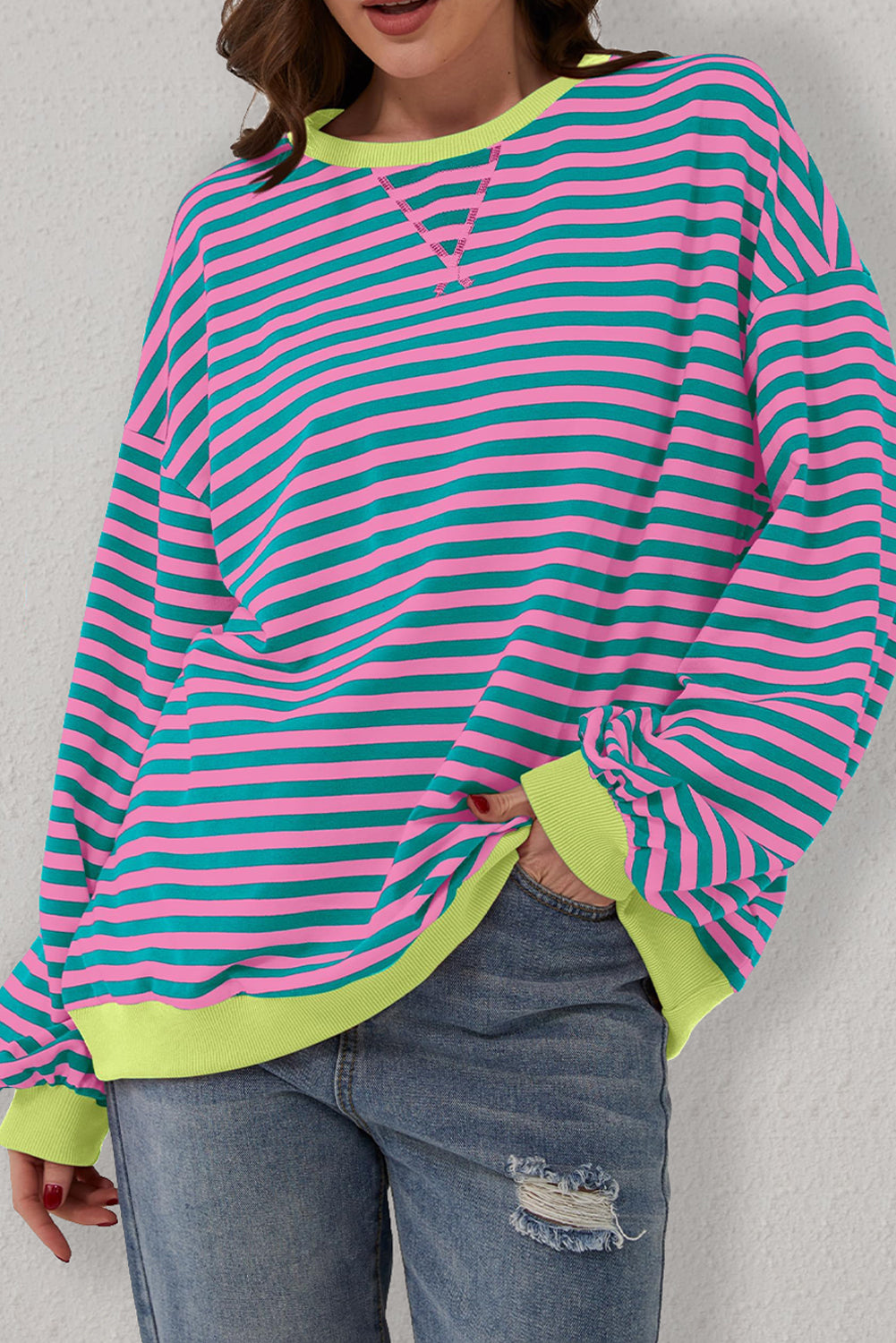 Green Stripe Oversized Contrast Trim Pullover Sweatshirt - Glimmer Road 