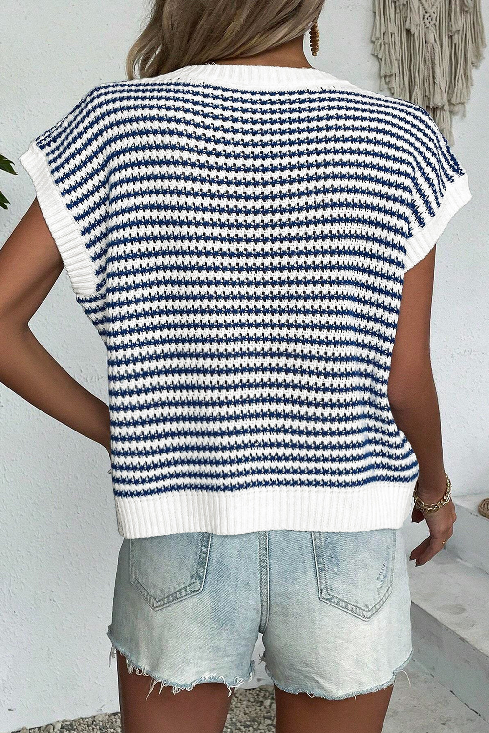 Blue Stripe Ribbed Trim Loose Fit Knitted Sweater Vest - Glimmer Road 