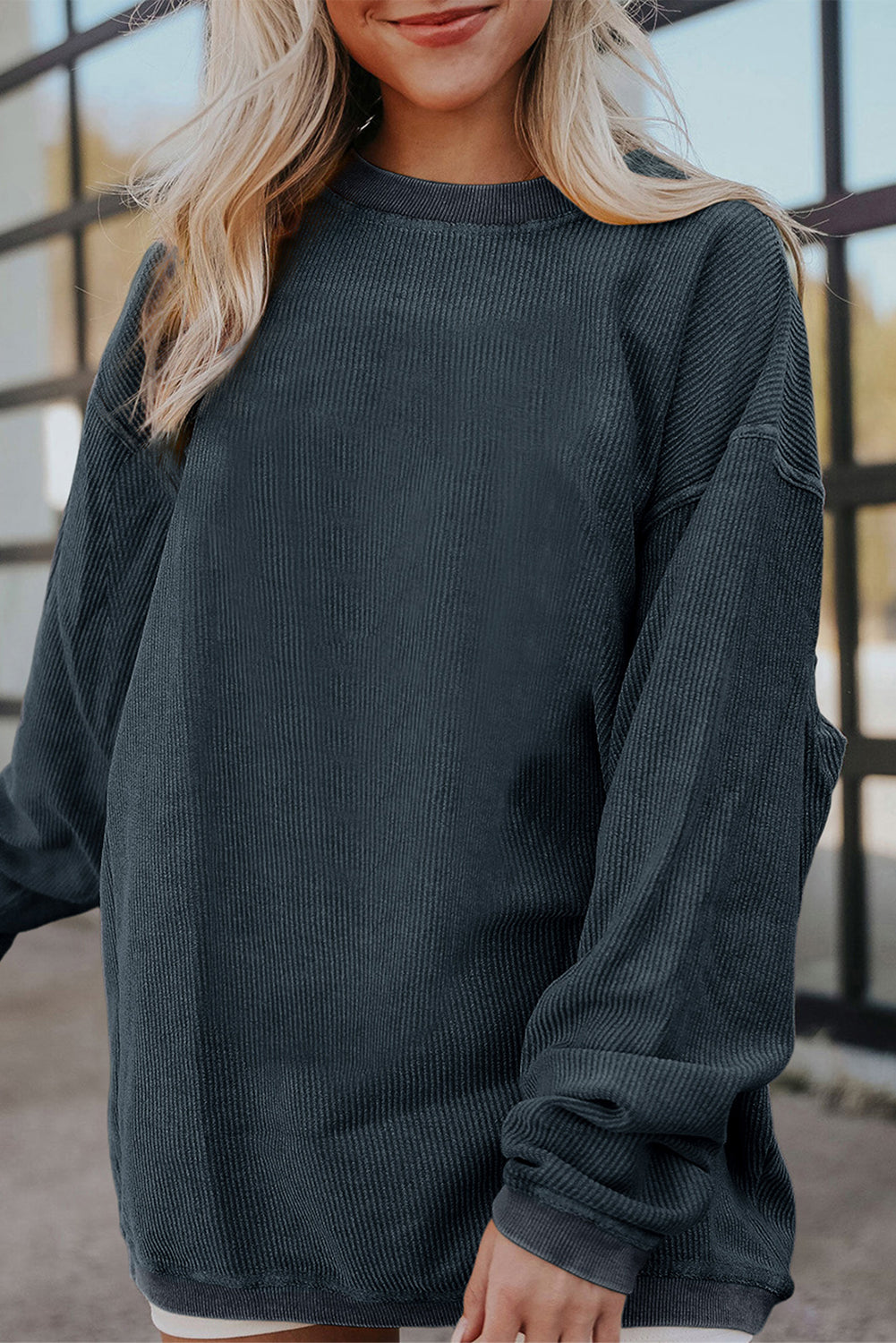 Dark Grey Ribbed Corduroy Oversized Sweatshirt - Glimmer Road 