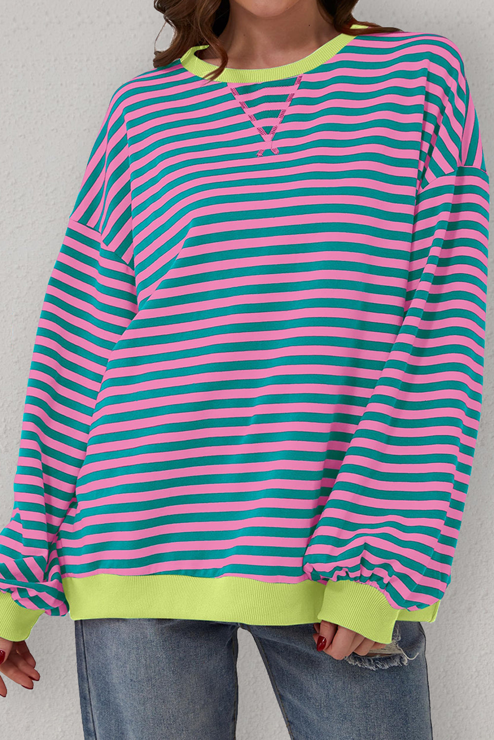 Green Stripe Oversized Contrast Trim Pullover Sweatshirt - Glimmer Road 