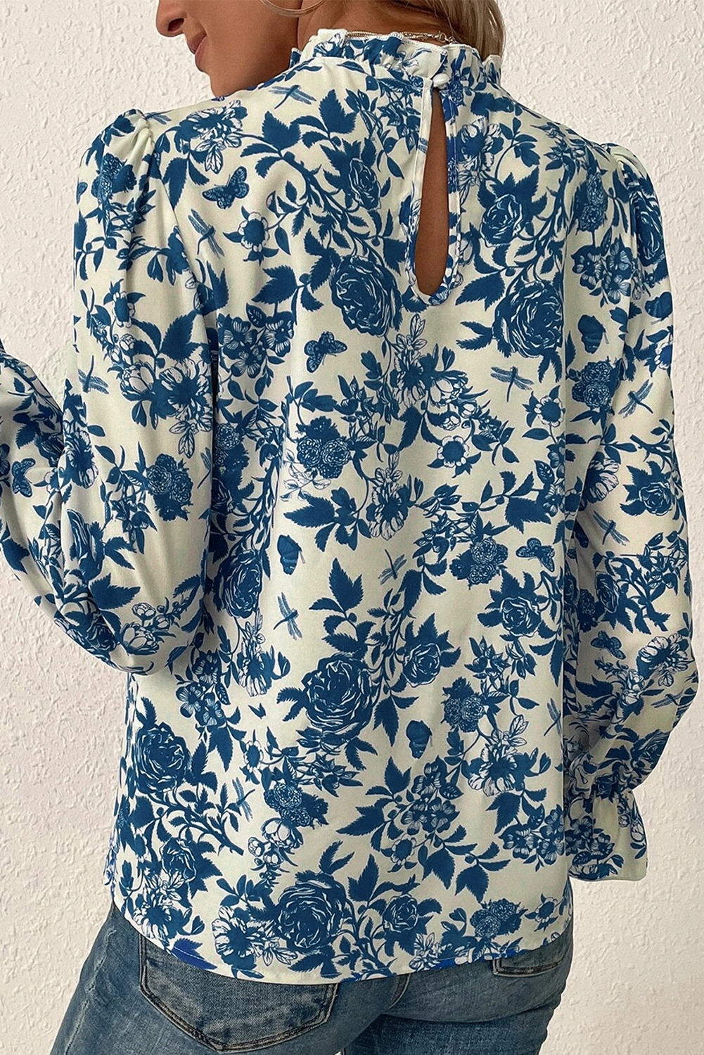 Sky Blue Floral Print Flounce Sleeve Keyhole Back Blouse - Glimmer Road 