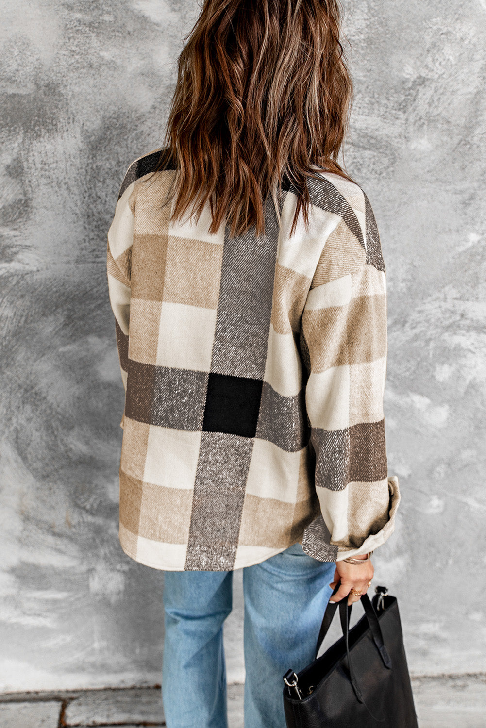 Khaki Plaid Color Block Buttoned Long Sleeve Jacket with Pocket - Glimmer Road 