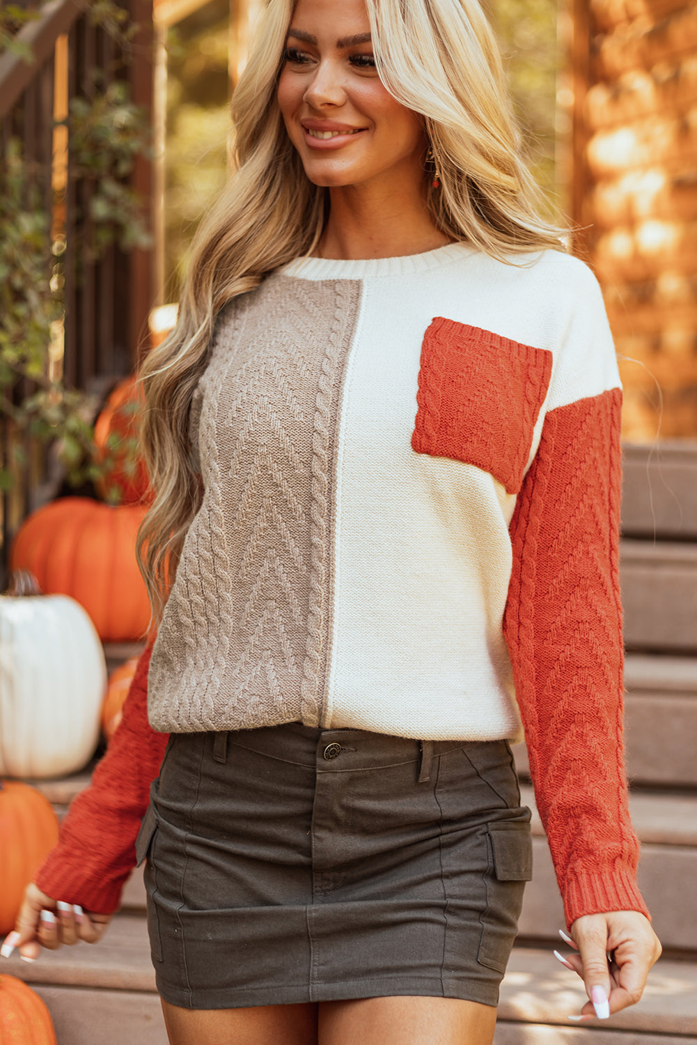 Gold Flame Colorblock Patched Pocket Drop Shoulder Sweater - Glimmer Road 