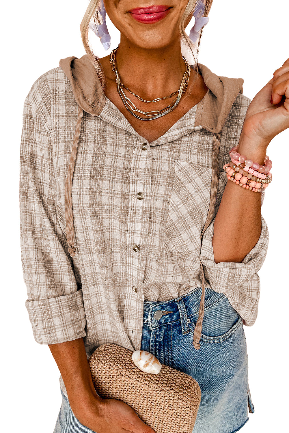 Khaki Checkered Print Loose Fit Buttoned Hooded Shacket - Glimmer Road 
