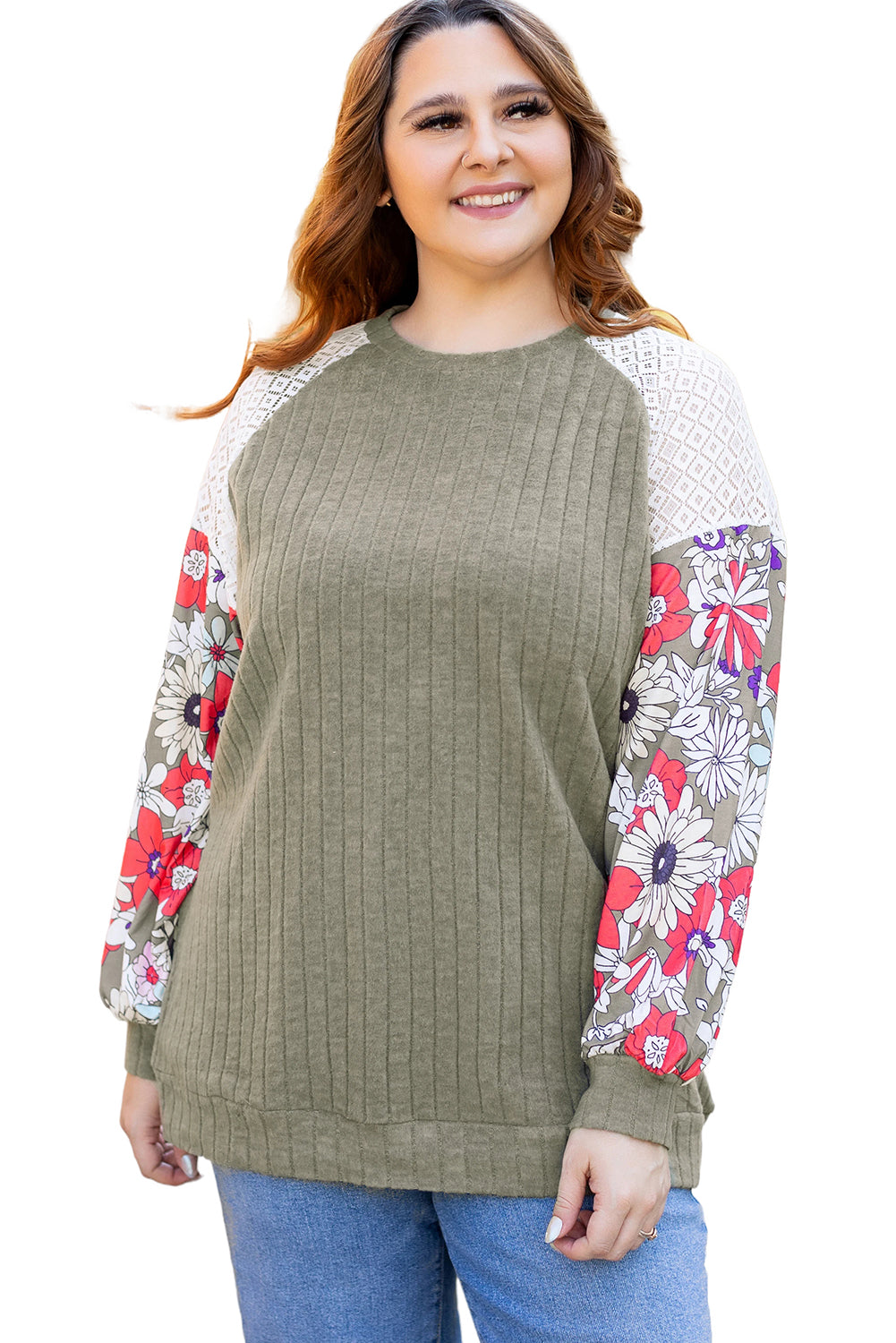 Vineyard Green Plus Size Textured Floral Patchwork Raglan Sleeve Blouse - Glimmer Road 