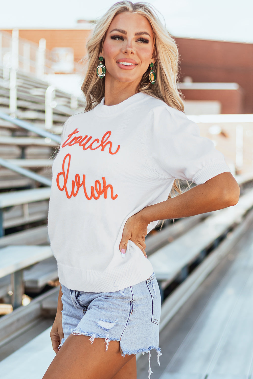 White Touchdown Tinsel Puff Short Sleeve Crew Neck Sweater