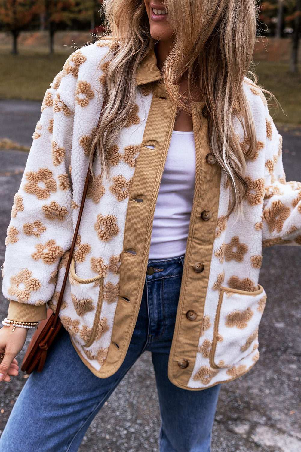 Light French Beige Cute Flower Pattern Button Up Fleece Jacket - Glimmer Road 