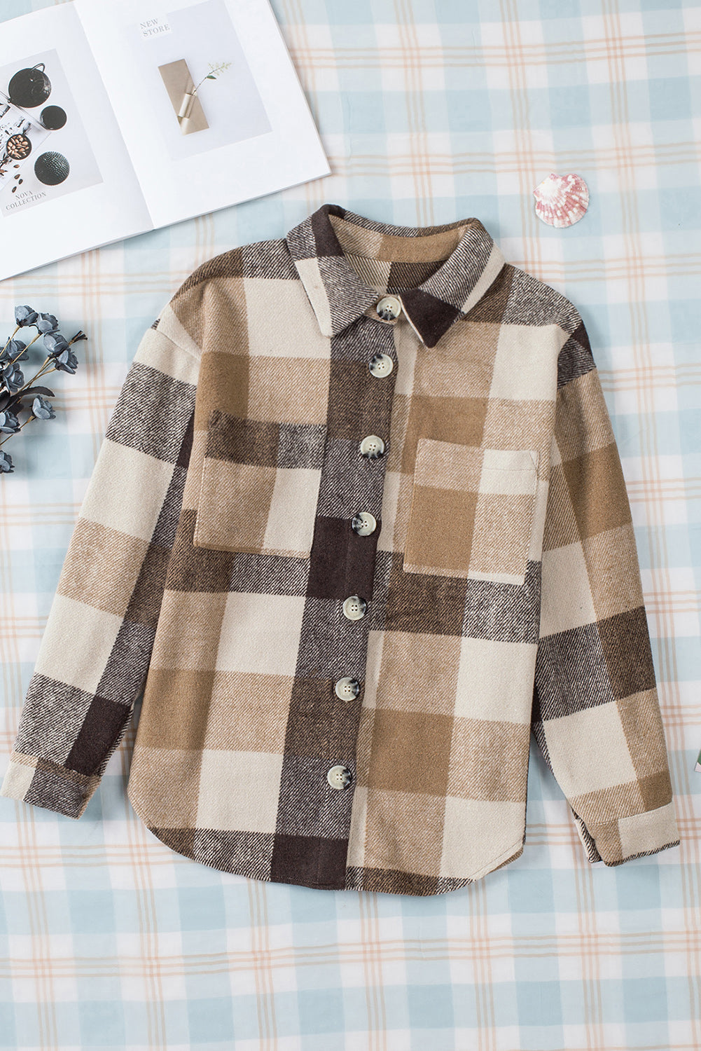 Khaki Plaid Color Block Buttoned Long Sleeve Jacket with Pocket - Glimmer Road 
