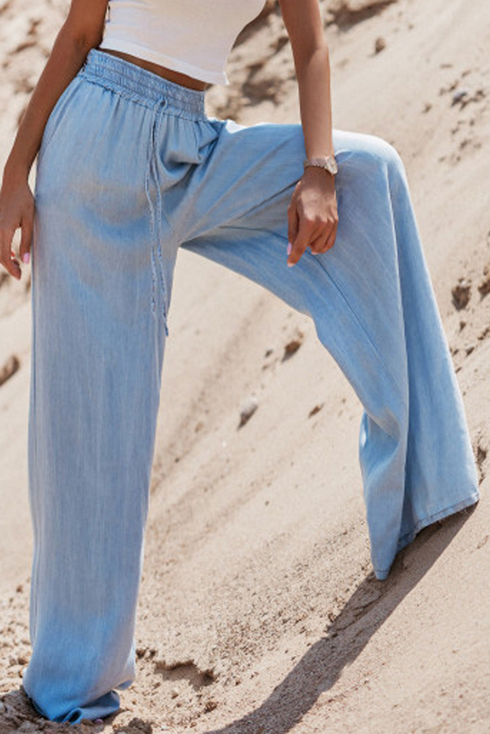 Myosotis Drawstring High Waist Wide Leg Denim Pants - Glimmer Road 