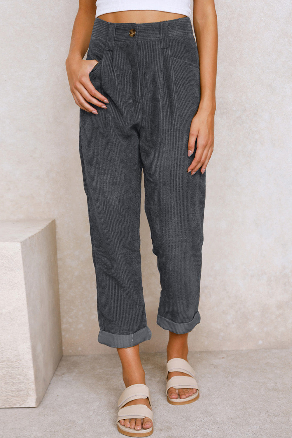 Gray Corduroy High Waist Straight Leg Pants - Glimmer Road 