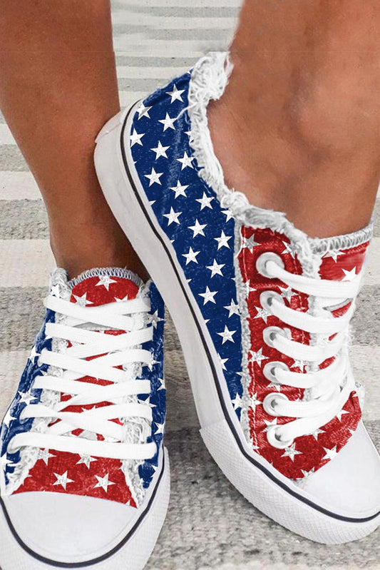 Multicolor American Flag Stars Printed Frayed Detail Lace-up Shoes - Glimmer Road 