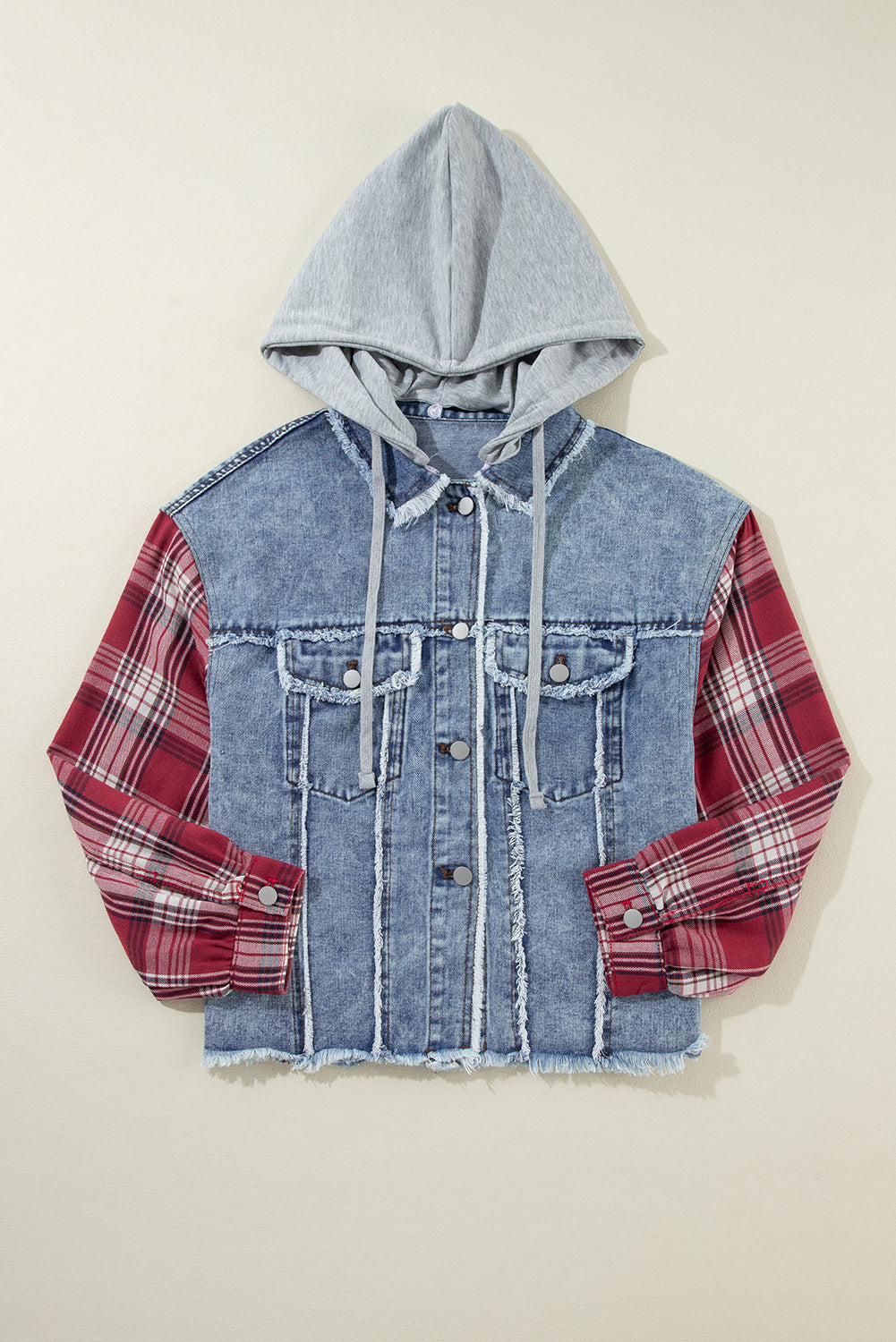 Beau Blue Plaid Print Patchwork Hooded Raw Hem Denim Jacket - Glimmer Road 