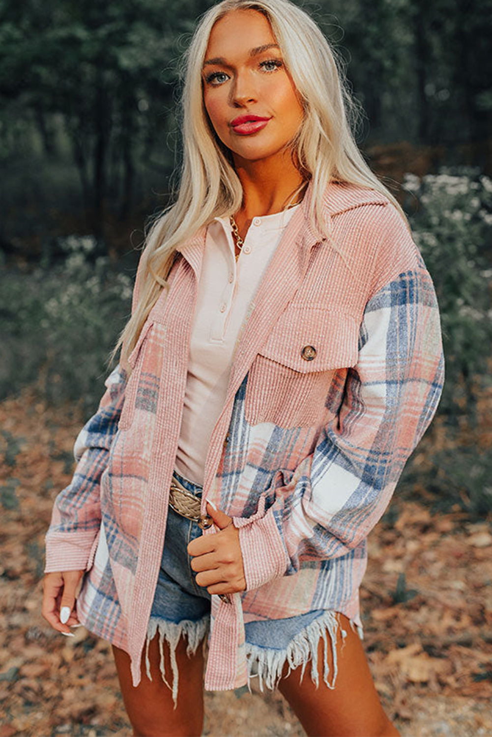 Light Pink Plaid Corduroy Patchwork Chest Pocket Shacket - Glimmer Road 