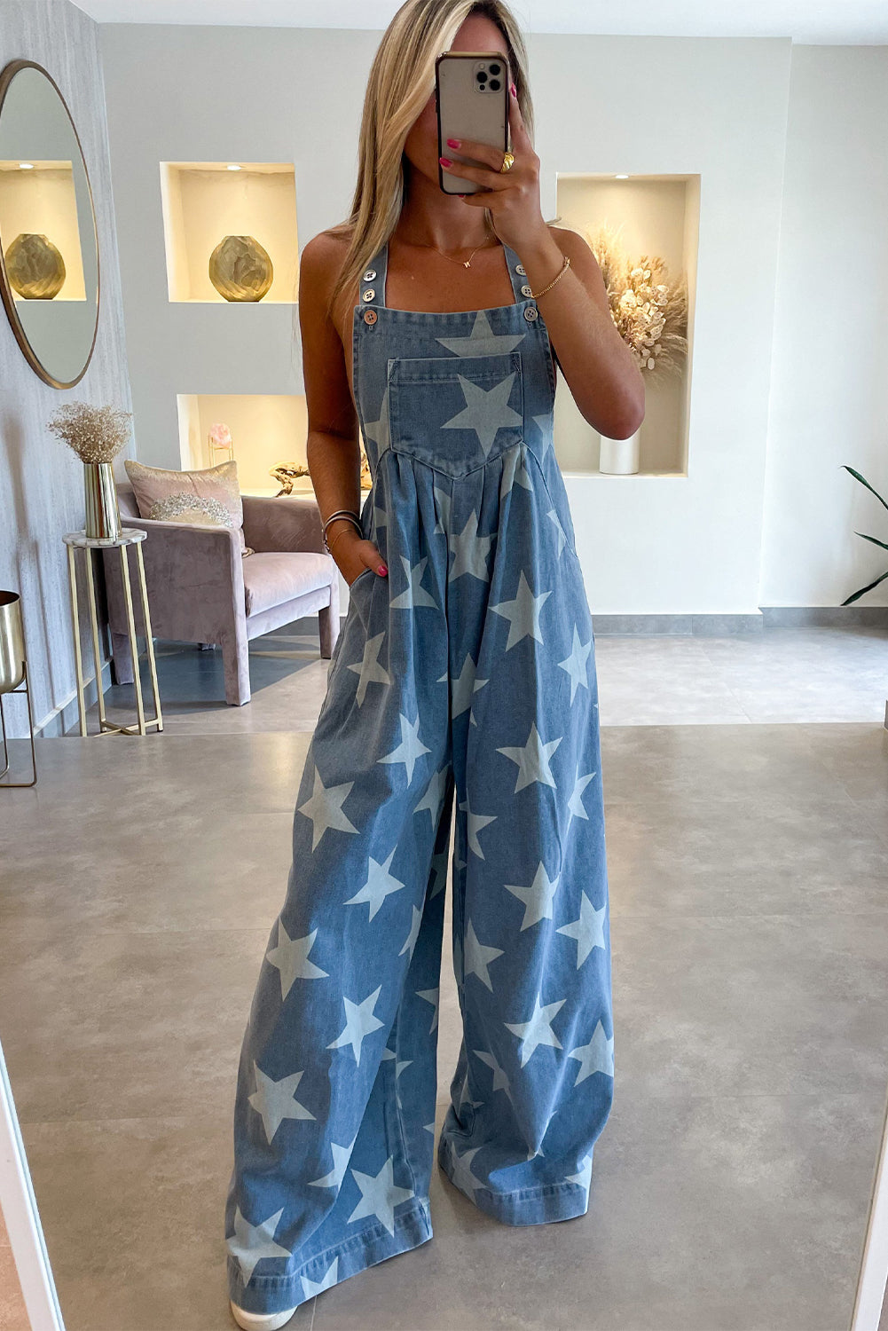 Star Print Buttoned Strap Pleat Wide Leg Denim Overall - Glimmer Road 