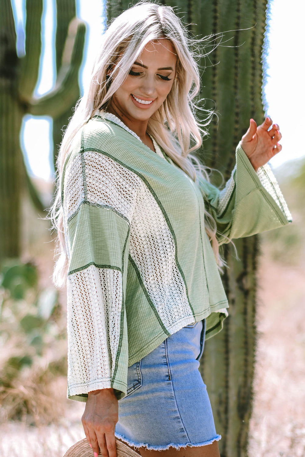 Grass Green Crochet Detail Exposed Seam High Low Loose Top - Glimmer Road 