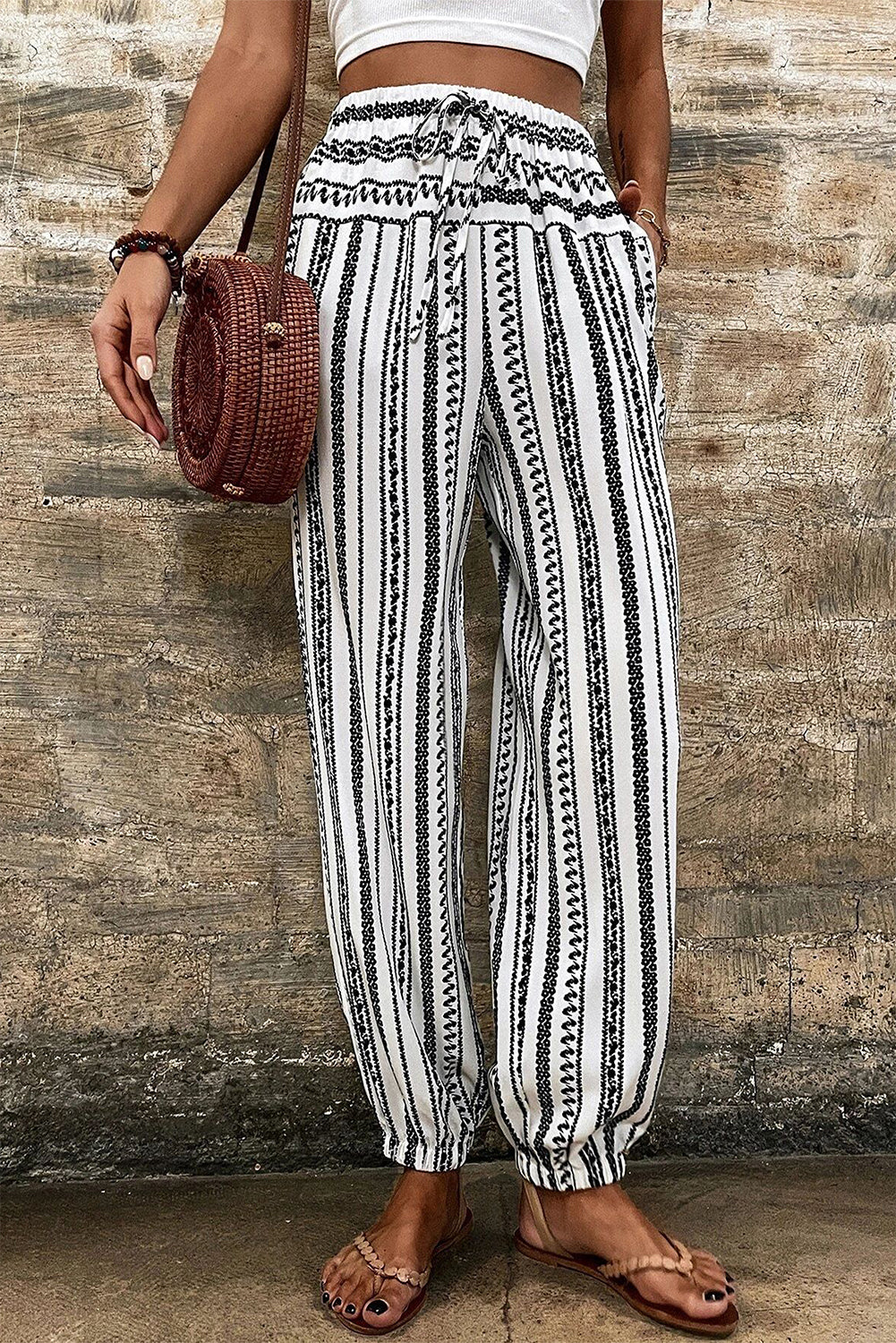 Black Stripe Boho Striped Print Casual Pants - Glimmer Road 