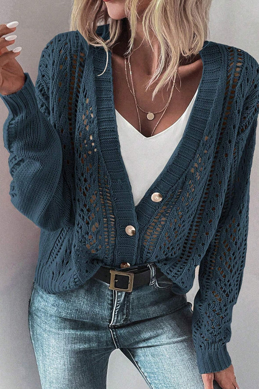 Real Teal Open Knit Drop Shoulder Sweater Cardigan - Glimmer Road 