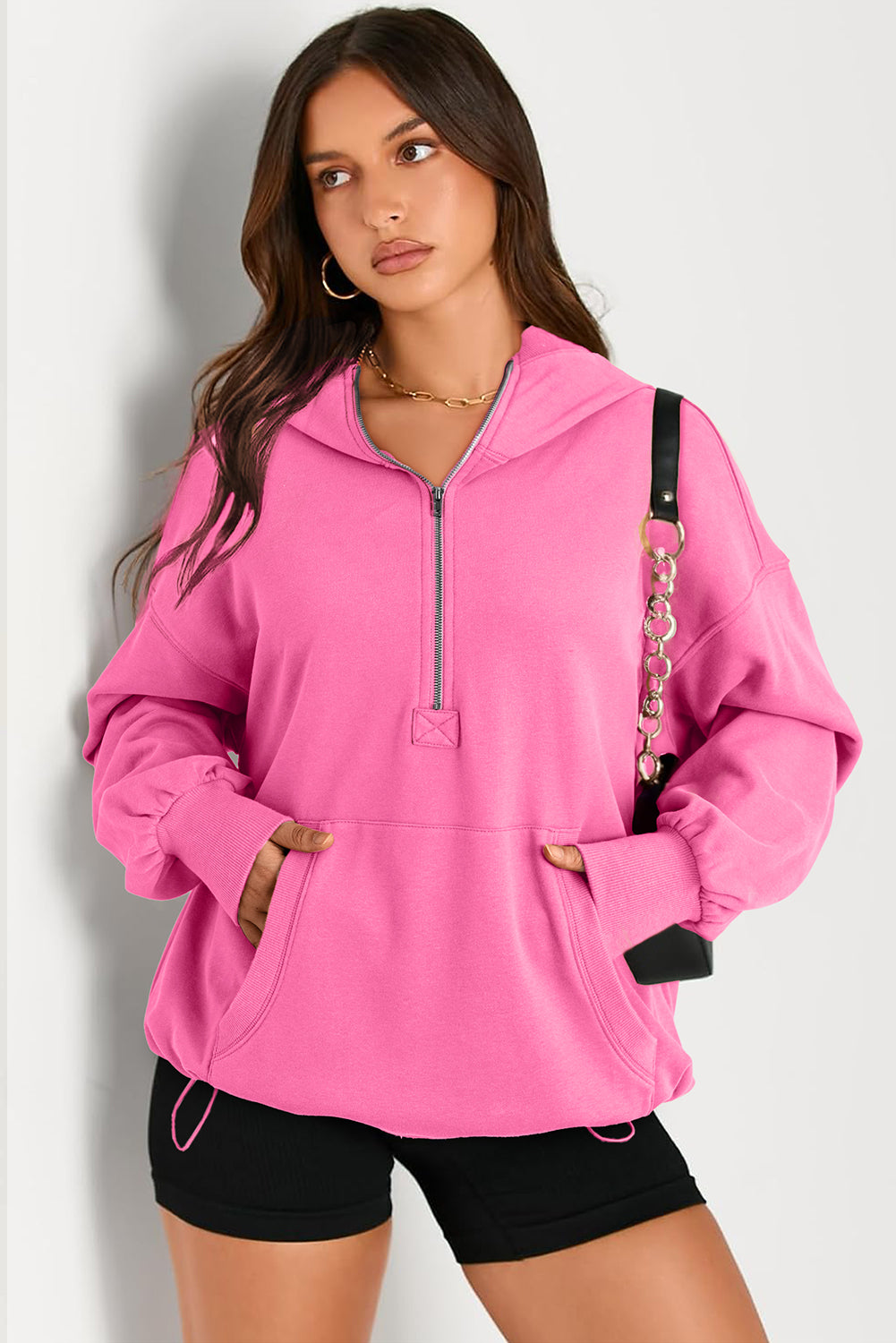 Light Grey Solid Kangaroo Pocket Half Zipper Oversized Hoodie - Glimmer Road 