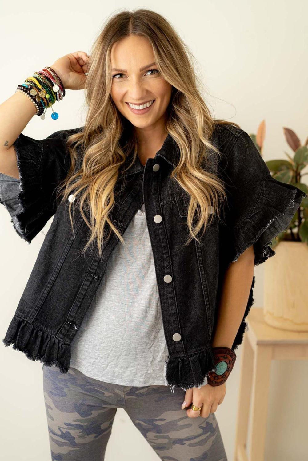 Black Raw Edge Ruffled Short Sleeve Denim Jacket - Glimmer Road 